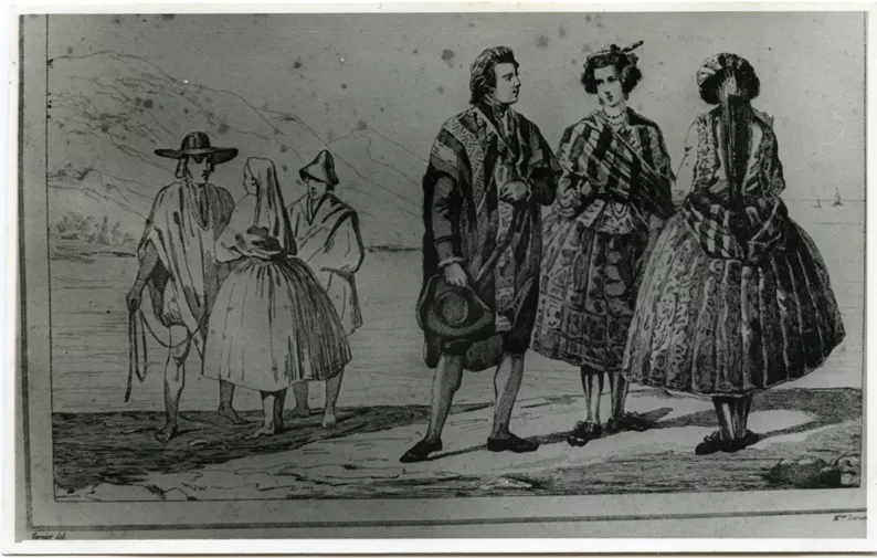 Personas vestidas con trajes tradicionales y elegantes de La Concepción, 1800
