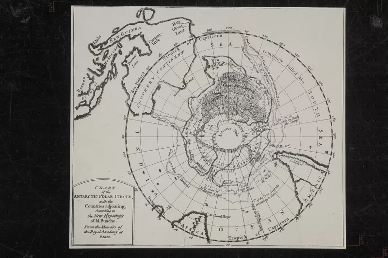 Reproducción de cartografía del Círculo Polar Antártico, según Orteluis y Kaurus.