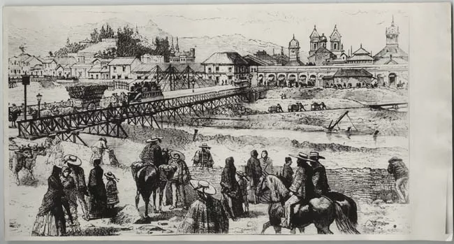 Reproducción de un grabado de Santiago Antiguo, sector Mapocho. 