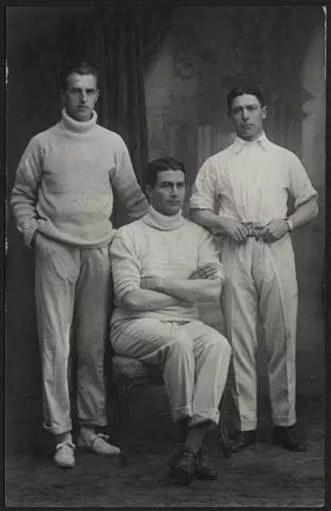 Retrato de estudio de Charles Willumsen, George Ihnen y el Mayor García, Región de Magallanes