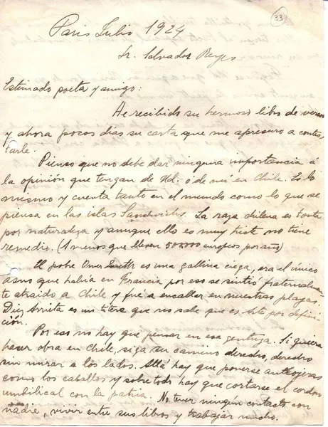Paris, Francia [a] Salvador Reyes, Chile [manuscrito] Vicente Huidobro.