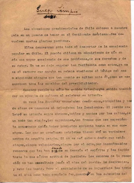 Juego limpio  [manuscrito] Vicente Huidobro.