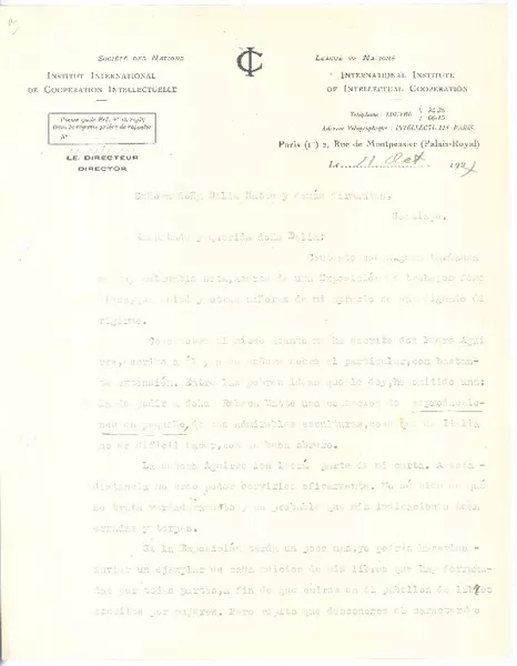 [Carta] 1927 oct. 11, Paris, Francia [a] Delia Matte  [manuscrito] Gabriela Mistral.