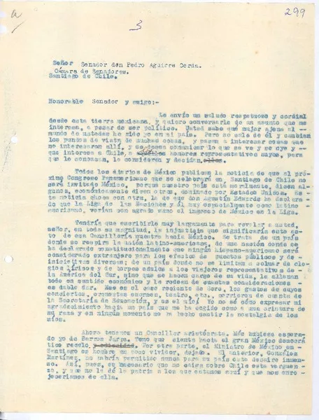 [Carta] 1922 oct. 3, México [a] Pedro Aguirre Cerda, Chile  [manuscrito] Gabriela Mistral.