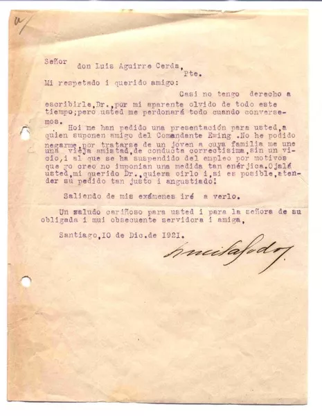 [Carta] 1921 dic 10, Santiago, Chile [a] Pedro Aguirre Cerda, Chile  [manuscrito] Gabriela Mistral.