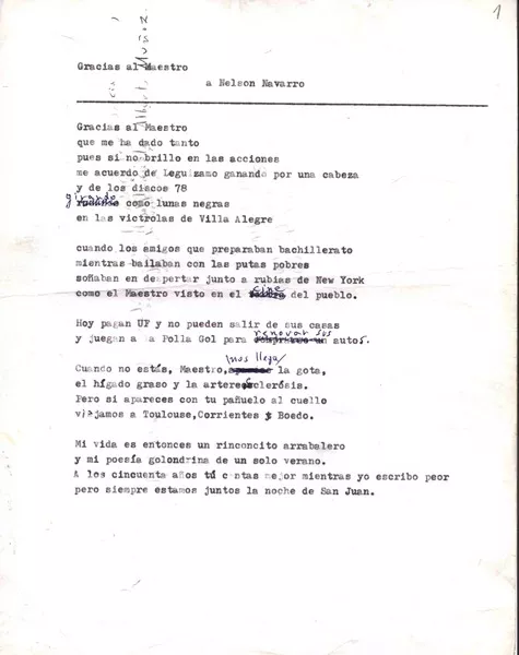 Gracias al maestro  [manuscrito] Jorge Teillier.