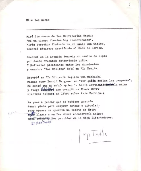 Miré los muros  [manuscrito] Jorge Teillier.