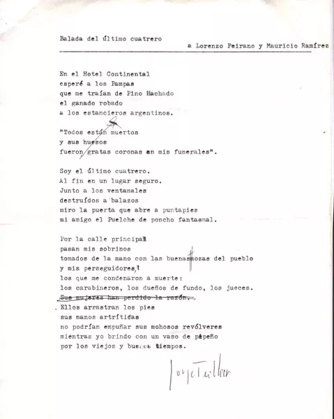 Balada del último cuatrero  [manuscrito] Jorge Teillier.