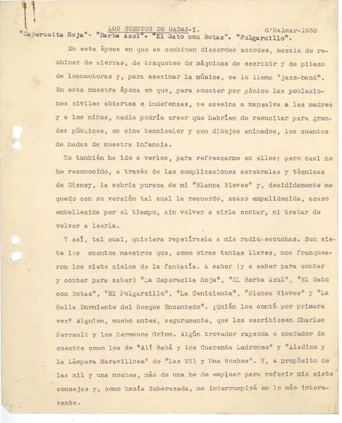 Los cuentos de hadas [conferencia radial] : [manuscrito] Augusto D'Halmar.