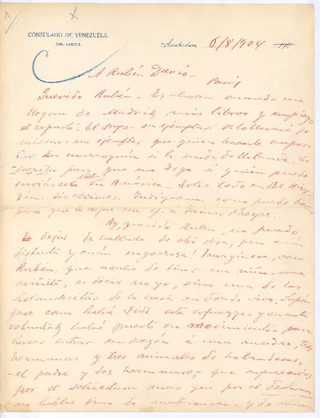 [Carta] 1904 agosto 6, Amsterdam, Holanda, [a] Rubén Darío  [manuscrito] Rufino Blanco-Fombona.