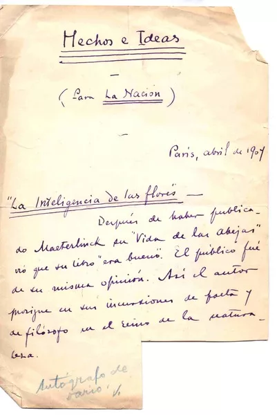 Hechos e Ideas : La inteligencia de las flores [manuscrito] Rubén Darío.