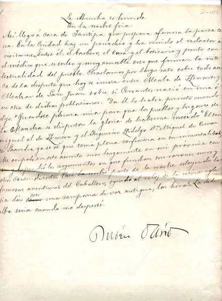 La mancha se hunde en la noche fría  [manuscrito] Rubén Darío.