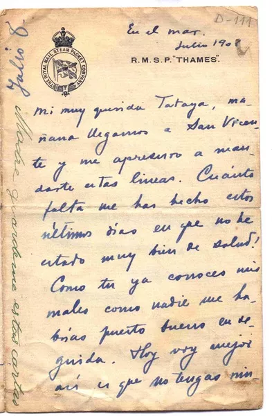 [Carta] 1908 jul. 8, [en el mar] [a] Francisca Sánchez  [manuscrito] Rubén Darío.