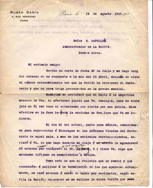 [Carta] 1910 ago. 13, Paris, Francia [a] Enrique Caprile  [manuscrito] Rubén Darío.