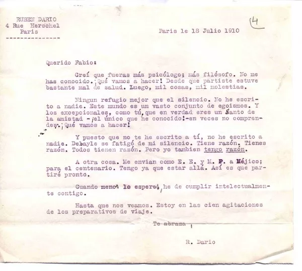 [Carta] 1910 jul. 18, Paris, Francia [a] Fabio Fiallo  [manuscrito] Rubén Darío.