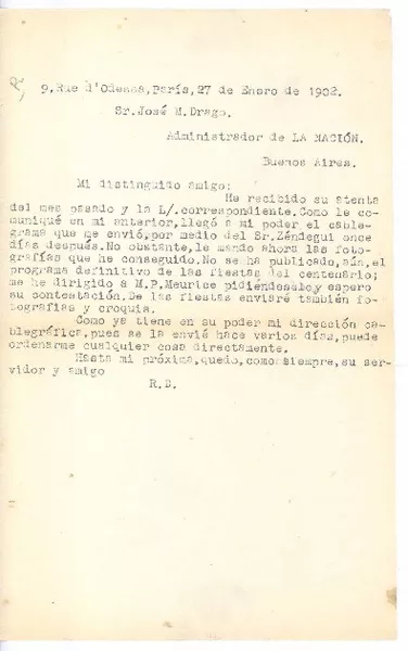 [Carta] 1902 ene. 27, Paris, Francia [a] José M. Drago  [manuscrito] Rubén Darío.