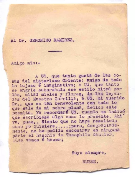 [Carta] c.1900, Francia? [a] Jérónimo Ramírez  [manuscrito] Rubén Darío.