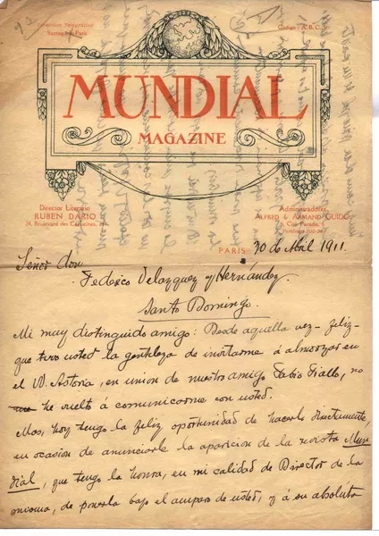 [Carta] 1911 abr. 30, Paris, Francia [a] Federico Velázquez y Hernández  [manuscrito] Rubén Darío.