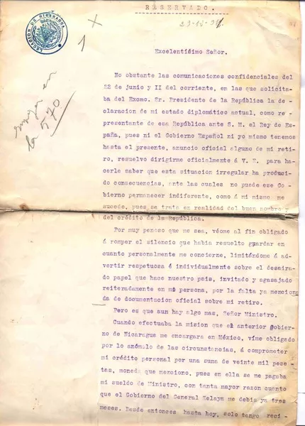 [Carta] 1911 dic. 29, Madrid, España [al] Ministro de RR.EE. de Nicaragua  [manuscrito] Rubén Darío.