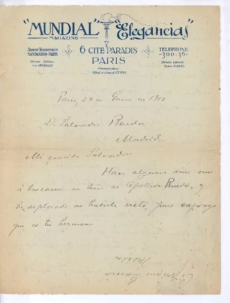 [Carta] 1912 enero 26, Paris, Francia [a] Salvador Rueda  [manuscrito] Rubén Darío.