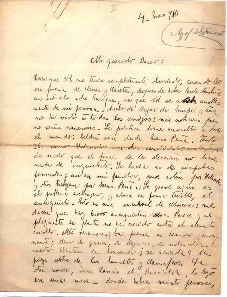[Carta] 1910 enero 4, Argentina? [a] Rubén Darío  [manuscrito] Ángel de Estrada.