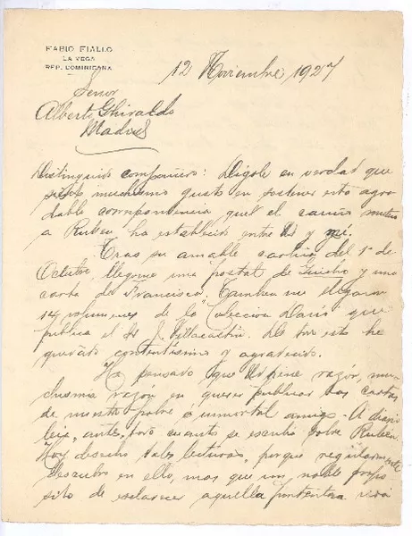 [Carta] 1927 noviembre 12, República Dominicana [a] Alberto Ghiraldo  [manuscrito]Fabio Fiallo.