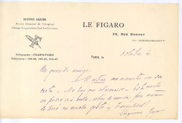 [Carta] [entre 1900 y 1916] octubre 4, Paris, Francia [a] Rubén Darío  [manuscrito] Eugenio Garzon.