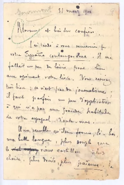 [Carta], 1901 may. 31 Francia <a> Rubén Darío  [manuscrito] Remy de Gourmont.