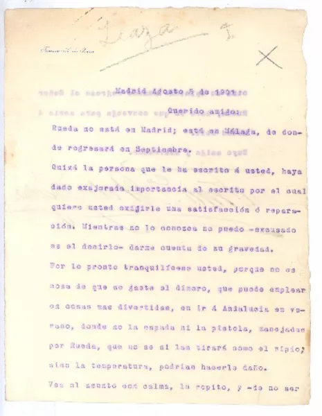 [Carta], 1901 ago. 5 Madrid, España <a> Rubén Darío  [manuscrito] Francisco A. de Icaza.