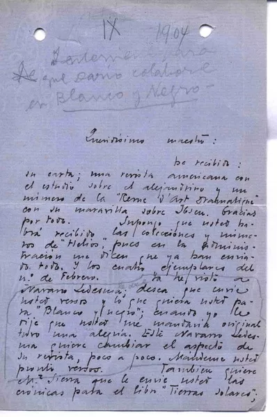[Carta], 1904 Madrid, España <a> Rubén Darío  [manuscrito] Juan Ramón Jiménez.
