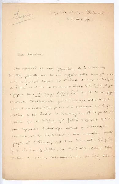 [Carta], 1911 oct. 5 Francia <a> Rubén Darío  [manuscrito] Henri Lorin.