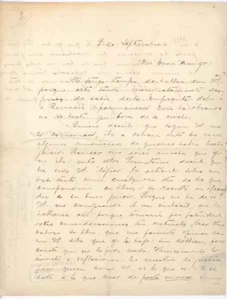 [Carta], 1896 sep. 9 Buenos Aires, Argentina <a> Rubén Darío  [manuscrito] Leopoldo Lugones.