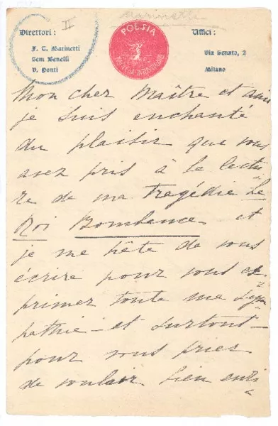 [Carta], c1900 Milán, Italia <a> Rubén Darío  [manuscrito] Filippo Tommaso Marinetti.