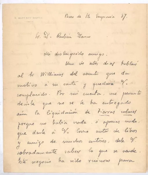[Carta], c.1905 Madrid, España <a> Rubén Darío  [manuscrito] Gregorio Martínez Sierra.