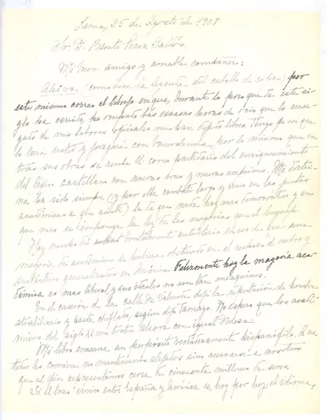 [Carta], 1908 ago. 25 Lima, Perú <a> Benito Pérez Galdós  [manuscrito] Ricardo Palma.
