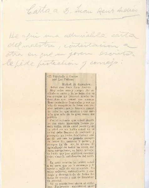 [Carta], c.1900 dic. 21 Madrid, España <a> Juan Reus Andrés  [manuscrito] Benito Pérez Galdós; transcripción de Alberto Ghiraldo.