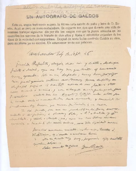 [Carta], 1916 sep. 14 Santander, España <a> Rafaela González  [manuscrito] Benito Pérez Galdós; transcripción de Alberto Ghiraldo.
