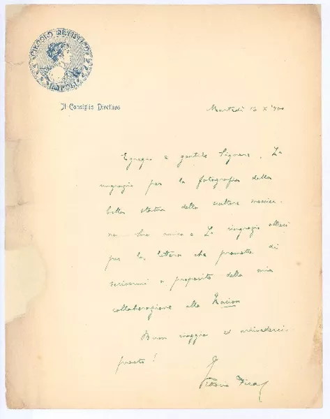 [Carta], 1900 oct. 26 Nápoles, Italia <a> Rubén Darío  [manuscrito] Vittorio Pica.