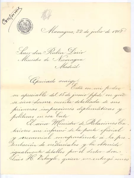 [Carta], 1908 jul. 22 Managua, Nicaragua <a> Rubén Darío  [manuscrito] José Santos Zelaya.