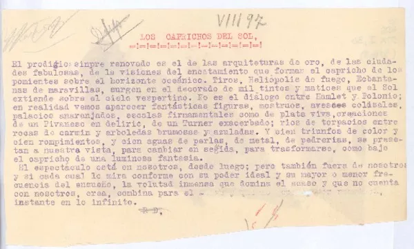 Los caprichos del sol  [manuscrito] Rubén Darío.