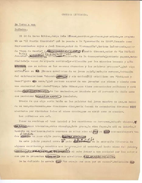 Crónica literaria En torno a una polémica [manuscrito] : Hernán Díaz Arrieta.
