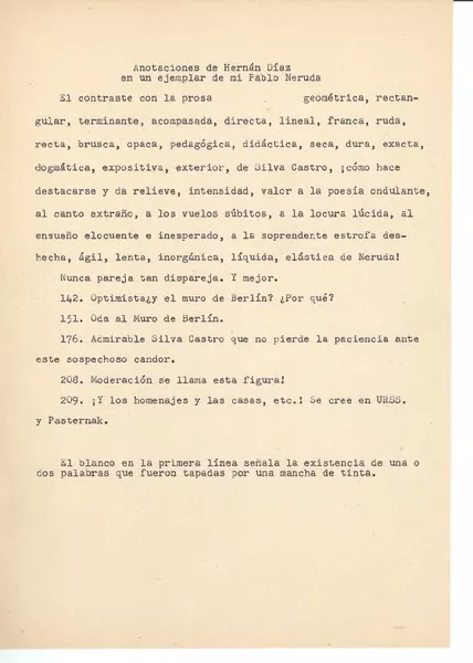 [Anotaciones]  [manuscrito] Hernán Díaz Arrieta; transcripción de Raúl Silva Castro.