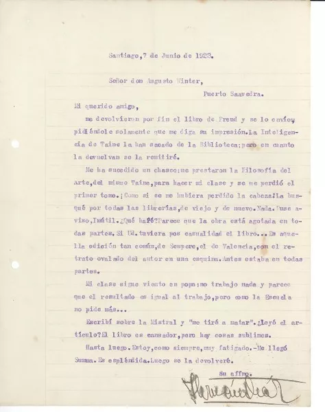 [Carta] 1923 jun. 7, Santiago, Chile [a] Augusto Winter  [manuscrito] Hernán Díaz Arrieta.