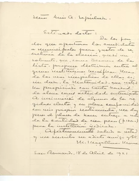 [Carta] 1921 abr. 18, San Bernardo, Chile [a] Luis A. Sepúlveda  [manuscrito] Manuel Magallanes Moure.