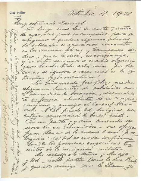 [Carta] 1921 oct. 4, Santiago, Chile [a] Manuel Magallanes Moure  [manuscrito] Tobías Barros.