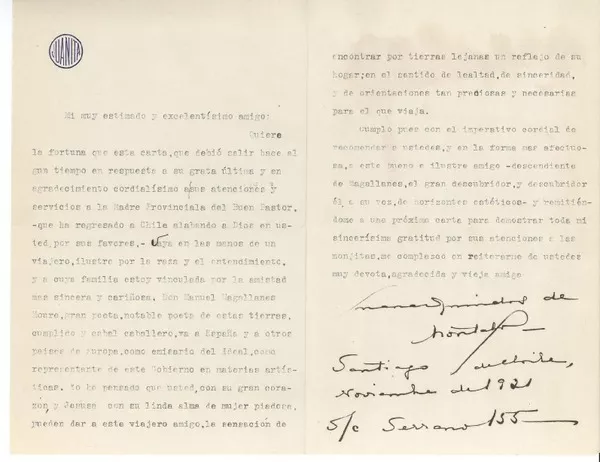 [Carta] 1921 nov. Santiago, Chile [a un amigo]  [manuscrito] Juana Quindos de Montalva (Ginés de Alcántará).