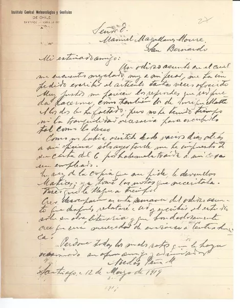 [Carta] 1919 may. 11, Santiago, Chile [a Manuel Magallanes Moure  [manuscrito] Nicolás Peña M.