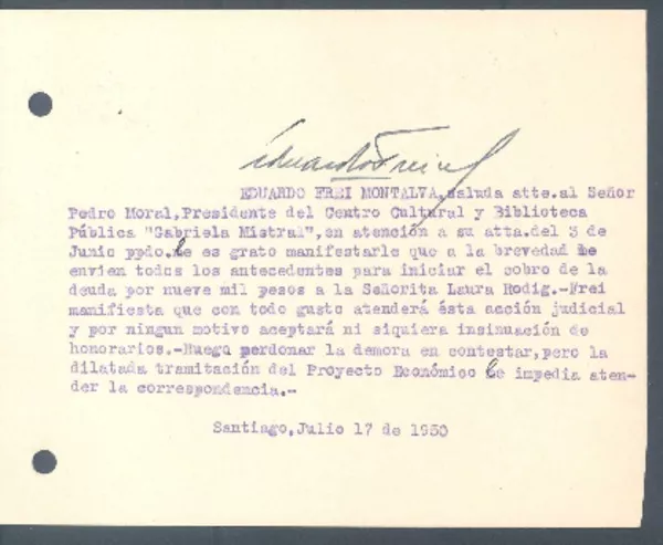 [Carta] 1950 jul. 17, Santiago, Chile [a] Pedro Moral  [manuscrito] Eduardo Frei Montalva.