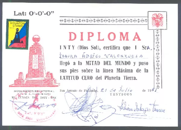 [Diploma] 1981 jul. 21, San Antonio de Pichincha, Ecuador [a] Isaura Abrigo  [manuscrito] Monumento Ecuatorial.