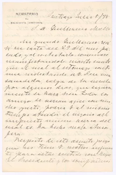 [Carta] 1878 jul. 5, Santiago, Chile [a] Guillermo Matta  [manuscrito] Fabio Alfonso.